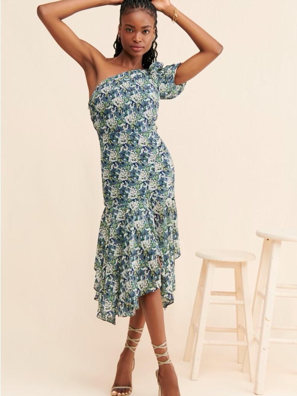 Astr One-Shoulder Floral Ruffle Midi Dress - Blue & Green